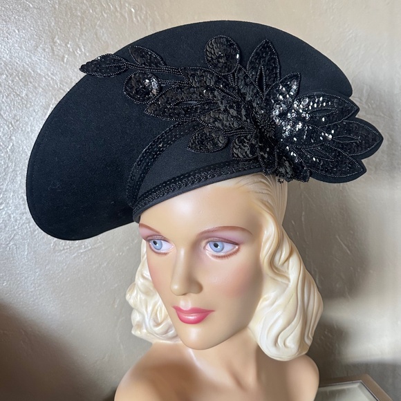 FESTIVE VINTAGE BLACK FELT WIDE BRIM HAT WITH SEQUIN APPLIQUÉS main image 13